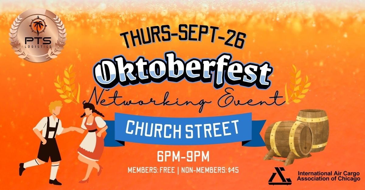 Oktoberfest Networking Event poster for Thursday, September 26, from 6 PM to 9 PM at Church Street. The event is free for members and $45 for non-members. Features silhouettes of a dancing couple in traditional attire, beer barrels, and organization logos—come feel at home with us!